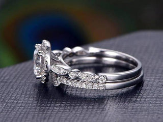 1.5 CT Round Cut Halo Pave Setting Moissanite Bridal Ring Set - violetjewels