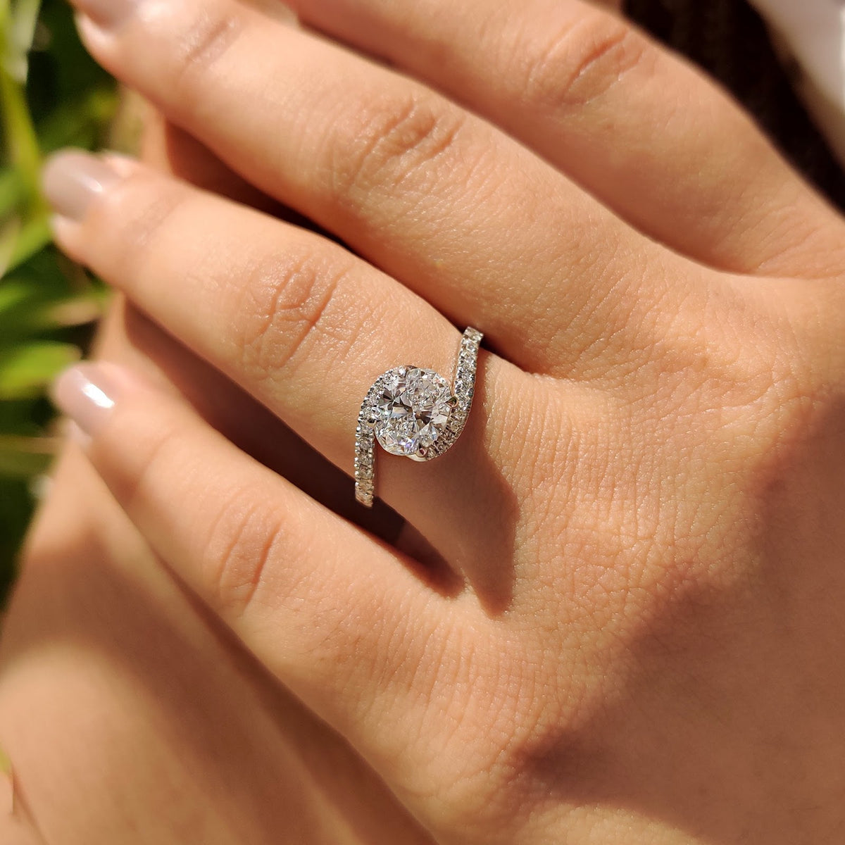 Oval Diamond Bypass Half Eternity Engagement Ring