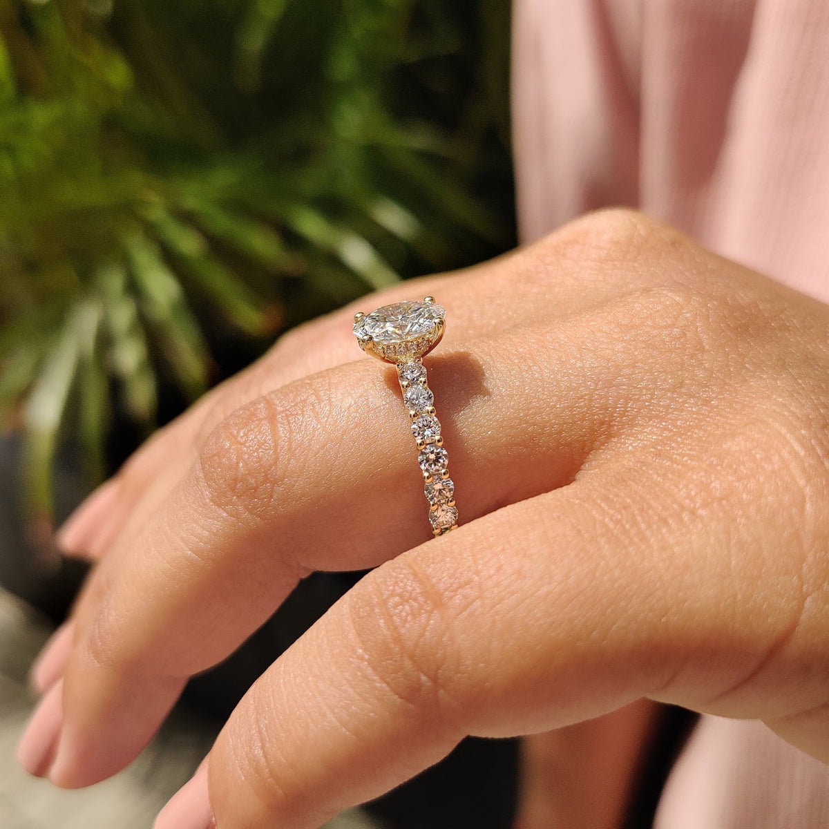 Oval Diamond Delicate Hidden Halo Pavé Engagement Ring