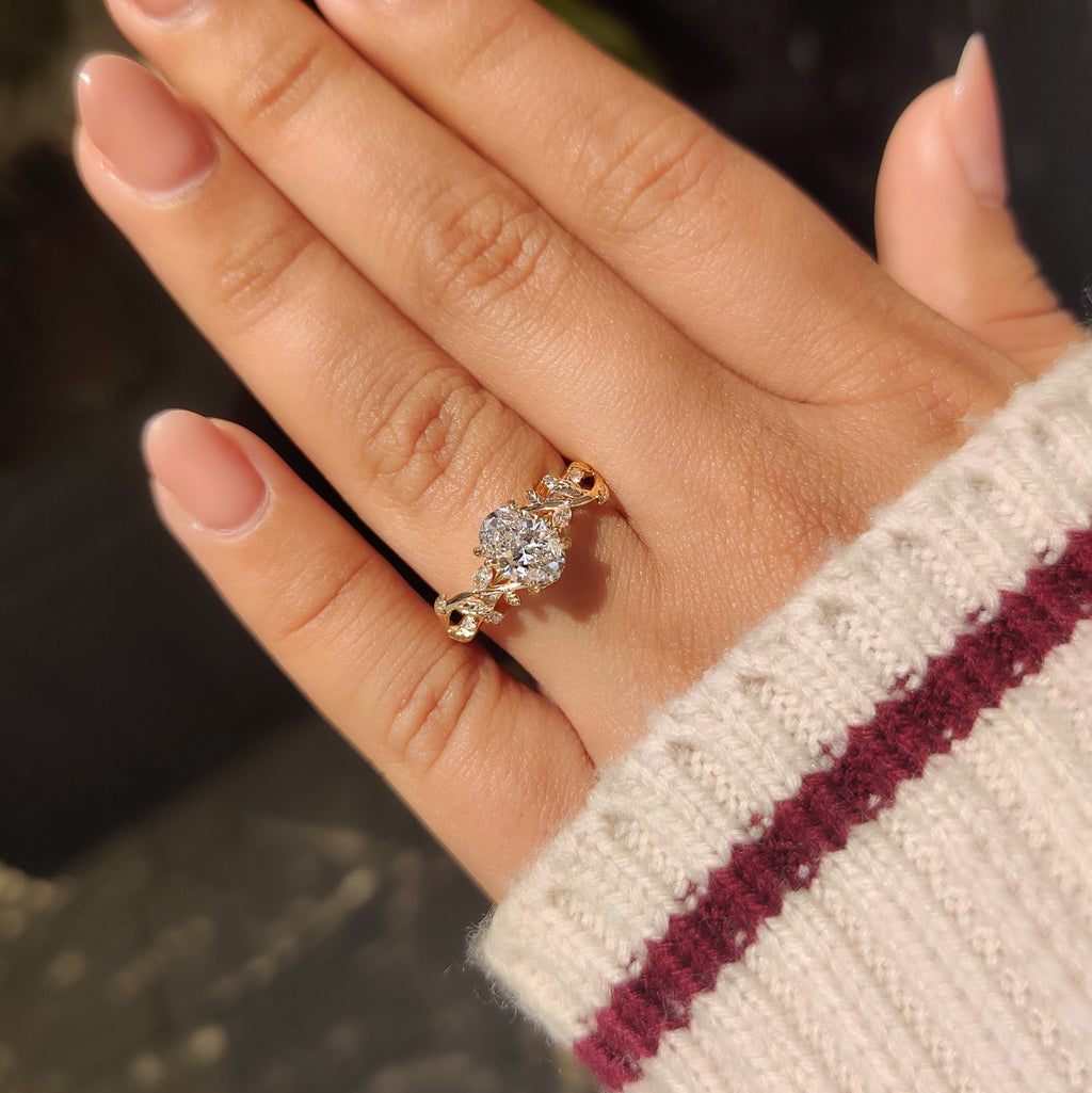 Oval Diamond Illusion Nature Inspired Solitaire Engagement Ring