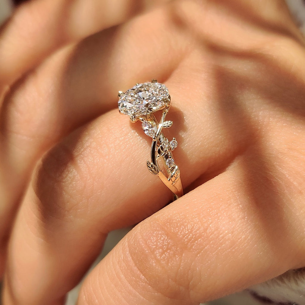 Oval Diamond Illusion Nature Inspired Solitaire Engagement Ring