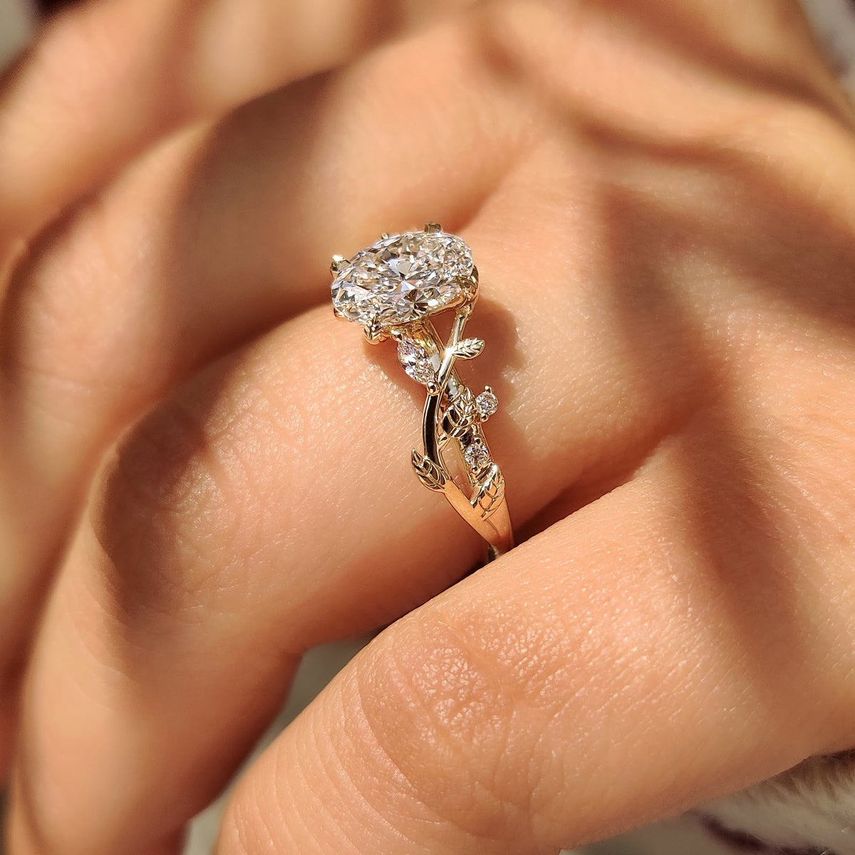 Oval Diamond Illusion Nature Inspired Solitaire Engagement Ring