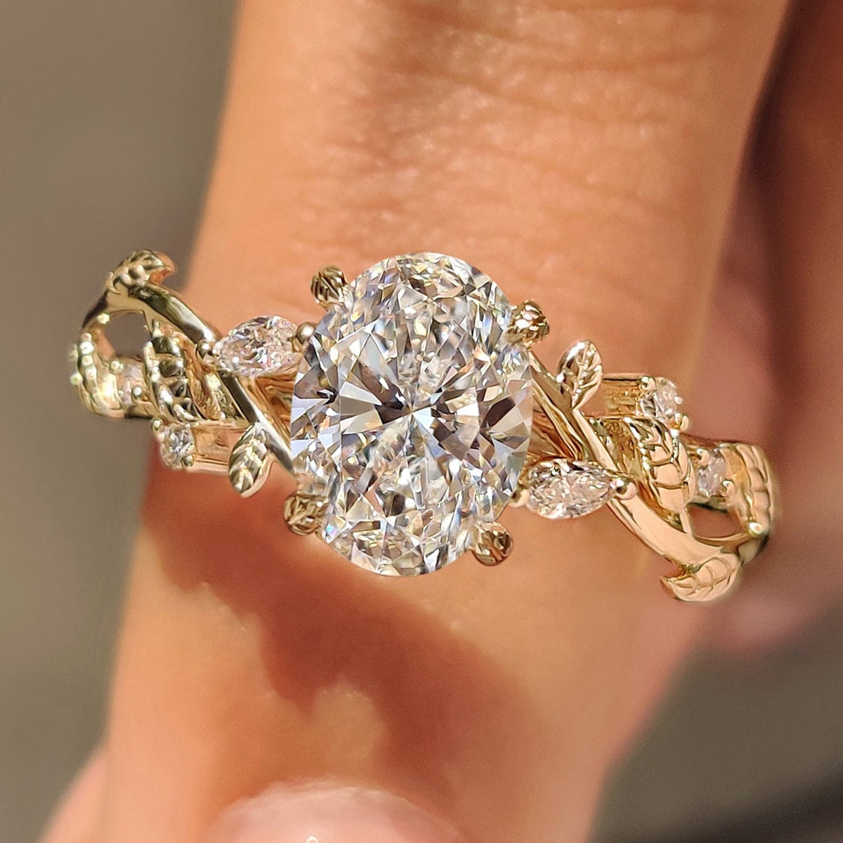 Oval Diamond Illusion Nature Inspired Solitaire Engagement Ring