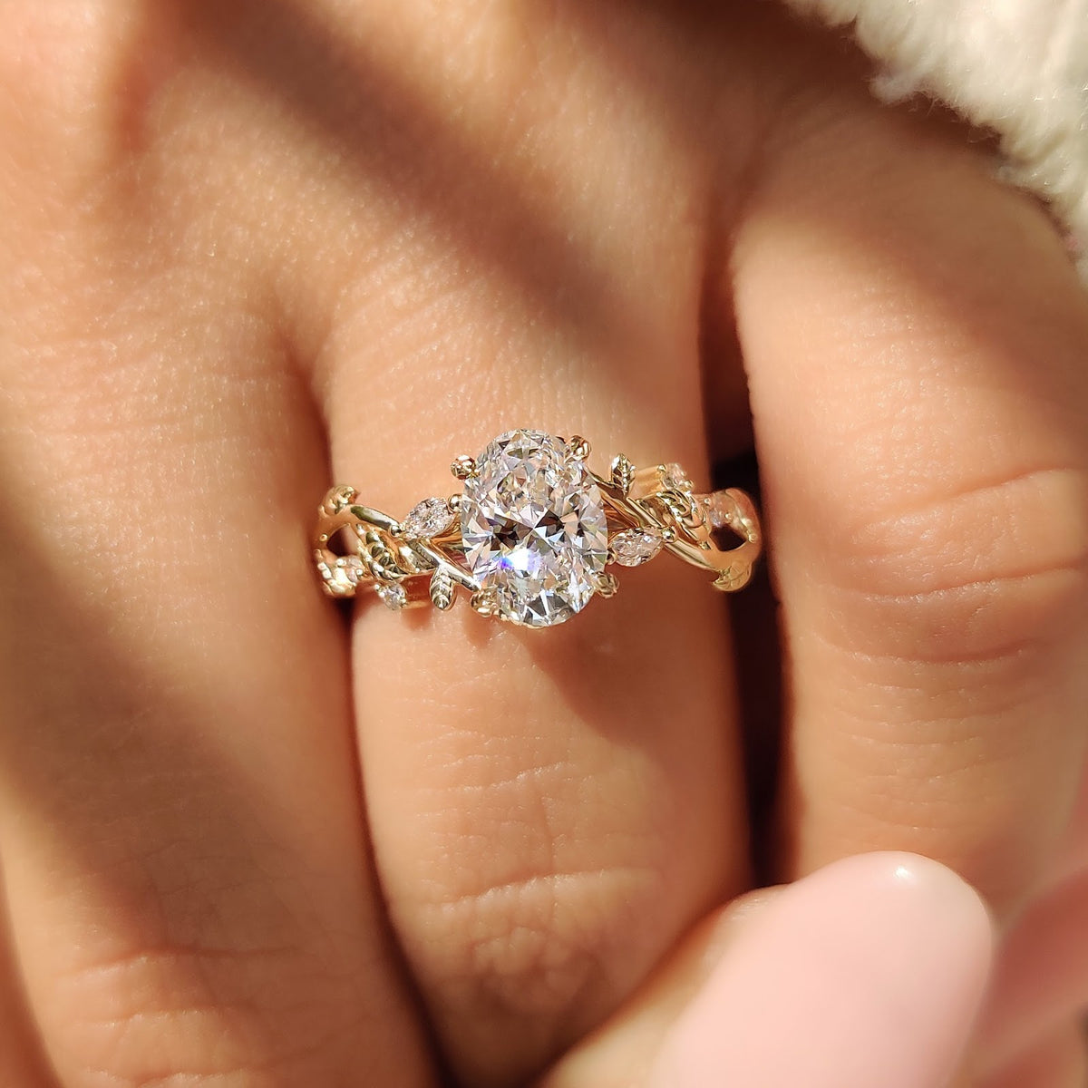 Oval Diamond Illusion Nature Inspired Solitaire Engagement Ring