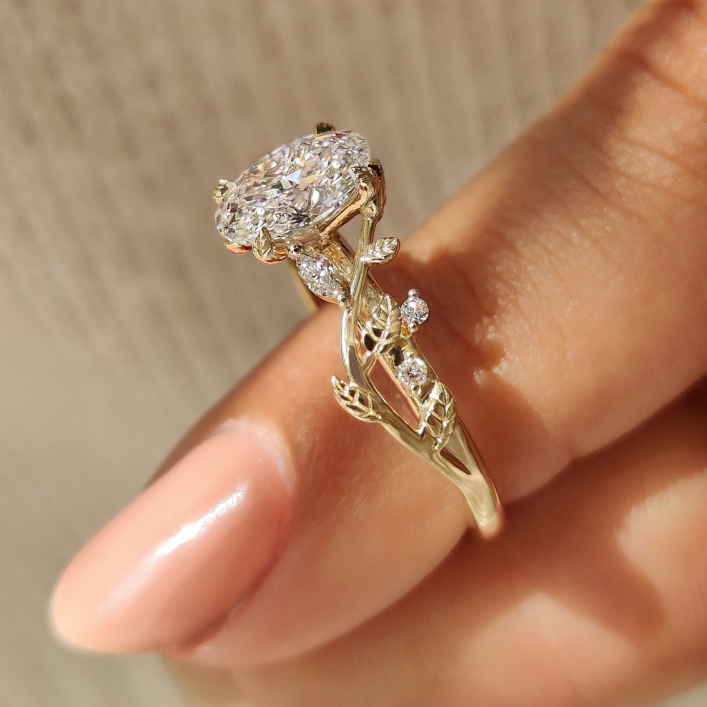 Oval Diamond Illusion Nature Inspired Solitaire Engagement Ring