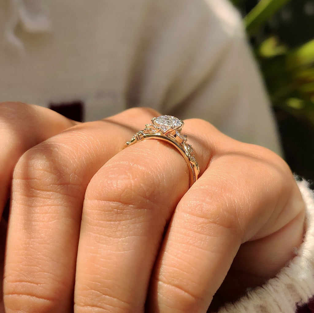 Oval Diamond Illusion Nature Inspired Solitaire Engagement Ring