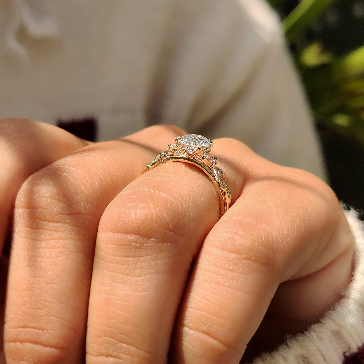 Oval Diamond Illusion Nature Inspired Solitaire Engagement Ring