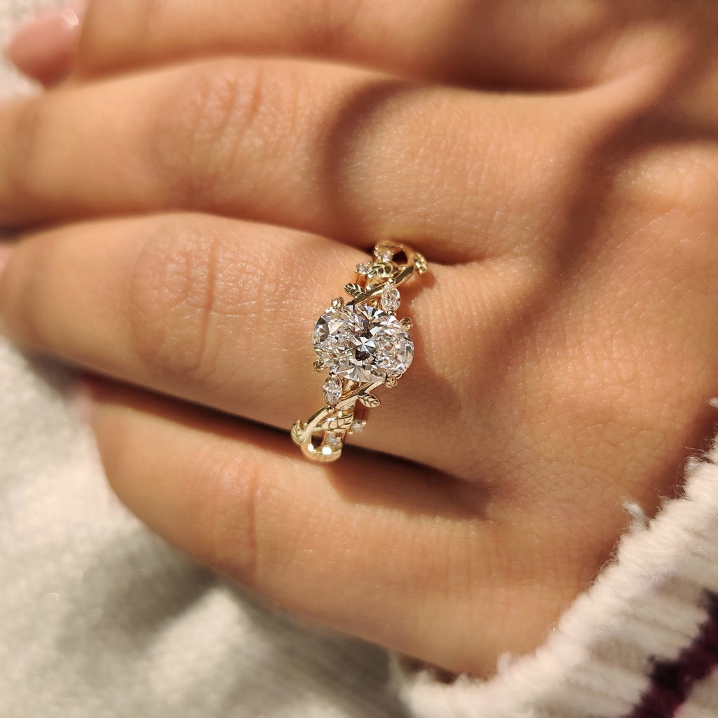Oval Diamond Illusion Nature Inspired Solitaire Engagement Ring