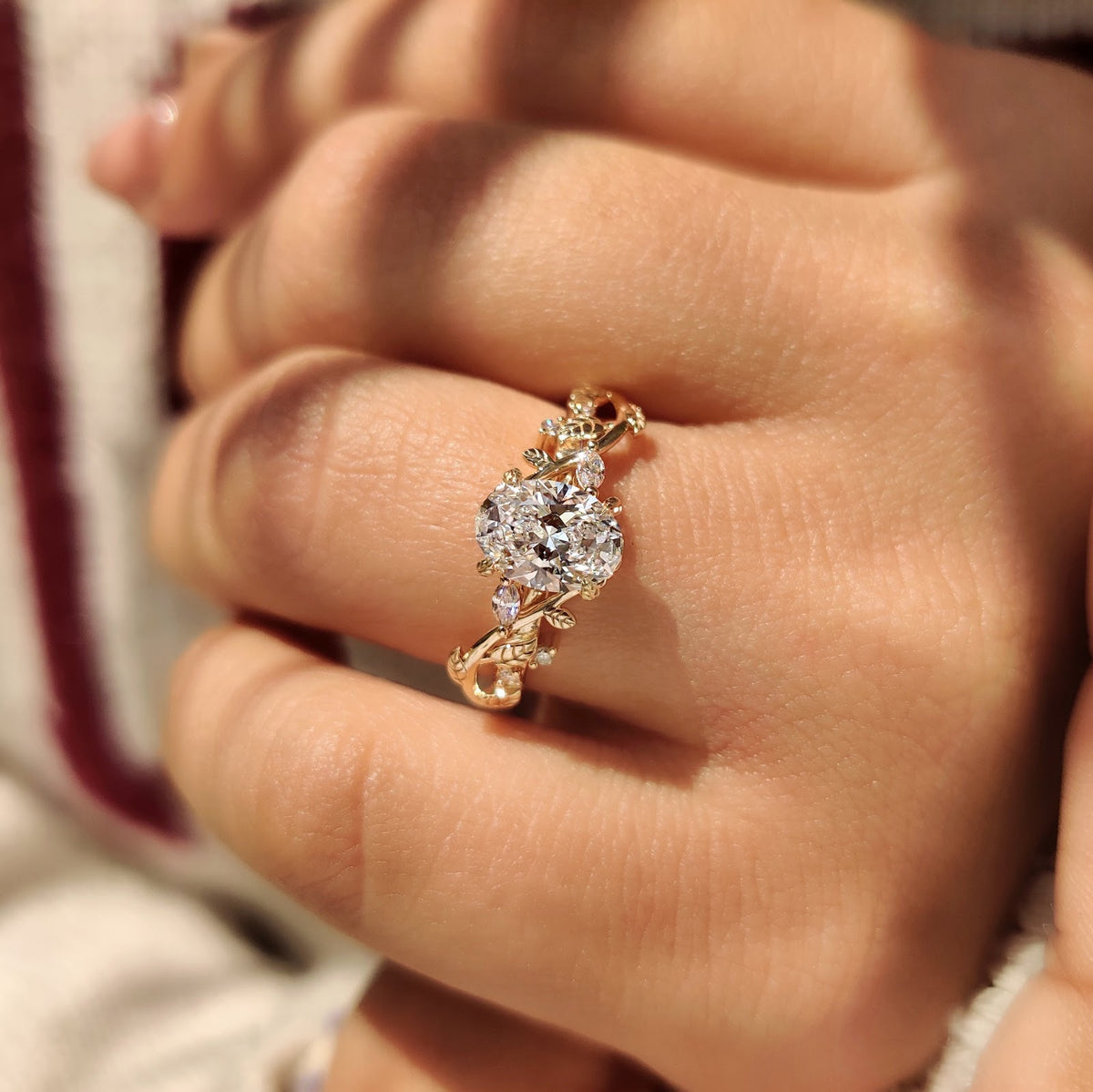 Oval Diamond Illusion Nature Inspired Solitaire Engagement Ring