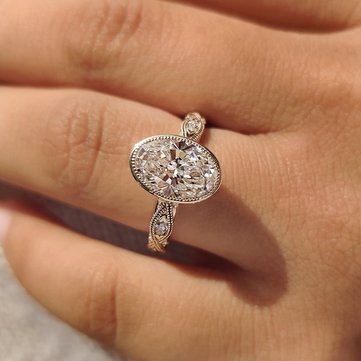 Oval Diamond Vintage Milgrain Bezel Engagement Ring