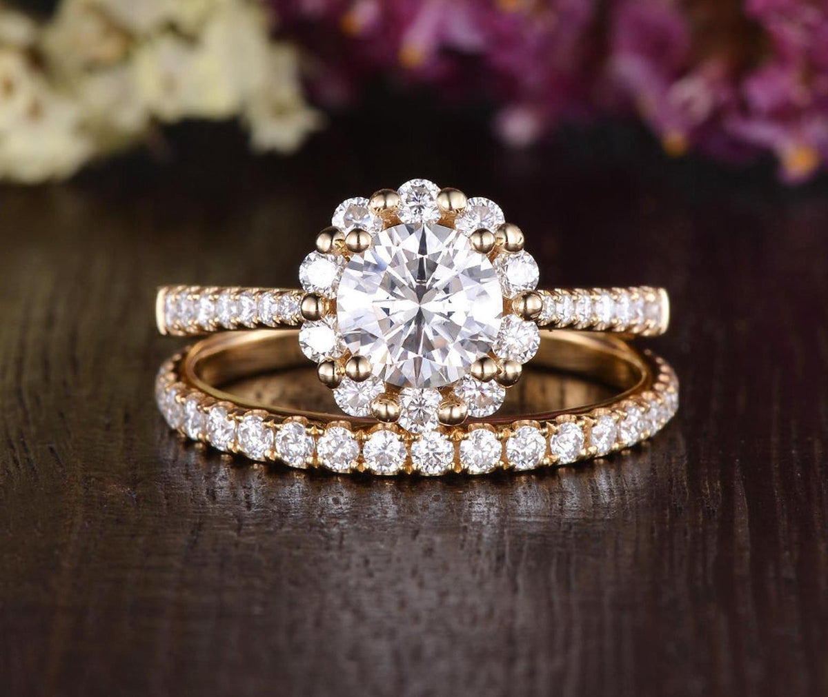0.75 CT Round Halo Pave Moissanite Bridal Ring Set - violetjewels
