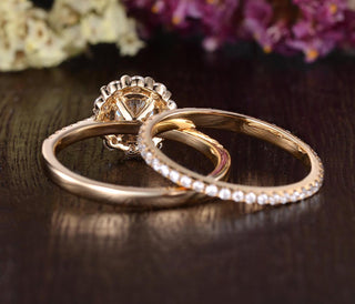 0.75 CT Round Halo Pave Moissanite Bridal Ring Set - violetjewels